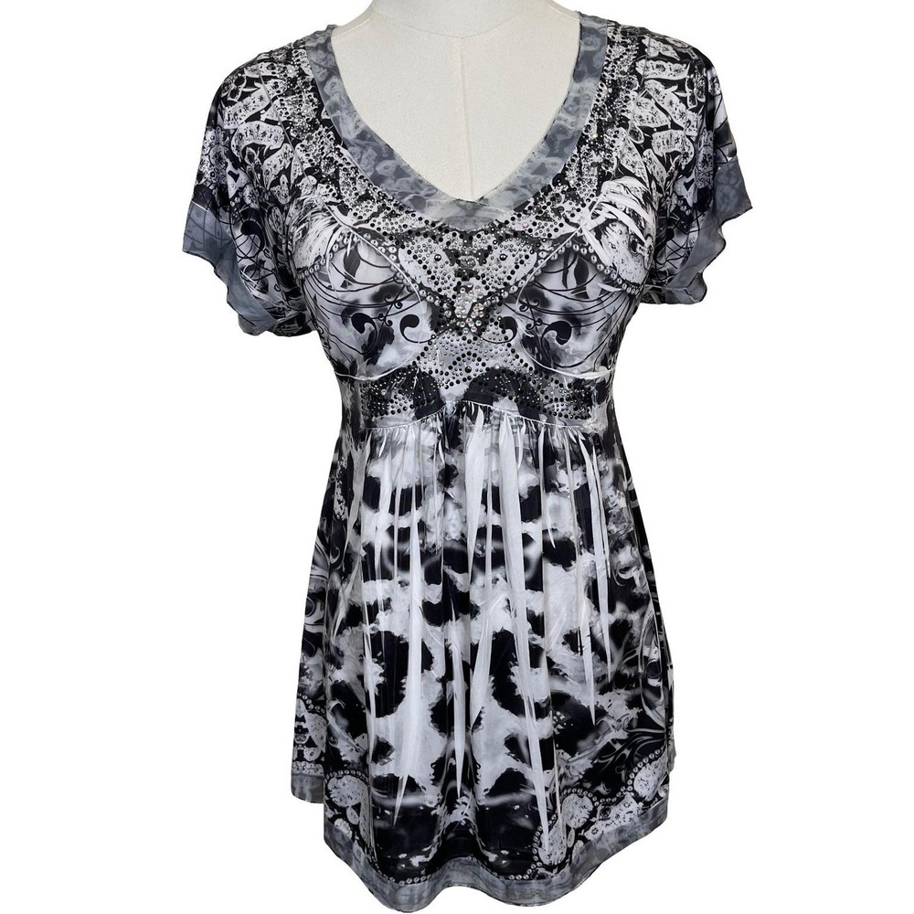 Vintage Apt. 9 Studded Embellished Tunic Top Women Black White Y2K Paisley Mesh